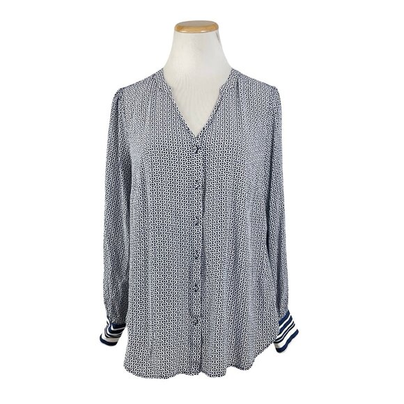 Talbots Blouse Size Large Button Down Top Shirt Geometric Print Rayon Blue White - Picture 1 of 6